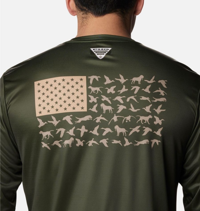Columbia PHG Terminal Shot Game Flag Long Sleeve Men's T-Shirt Olive | YXMNZI-106