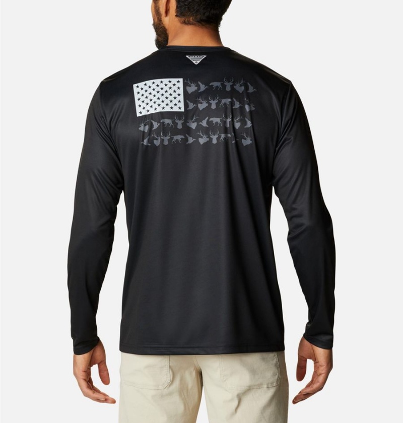 Columbia PHG Terminal Shot Game Flag Long Sleeve Men\'s T-Shirt Black | IQRPDA-726