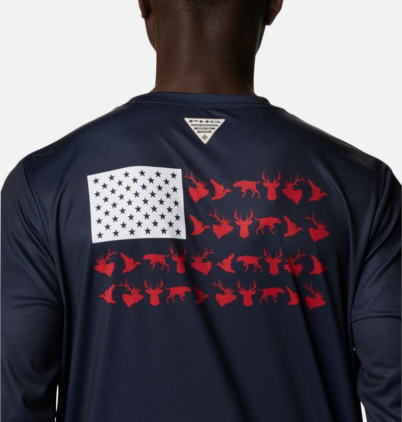 Columbia PHG Terminal Shot Game Flag Long Sleeve Men's T-Shirt Navy | TJFAYO-438
