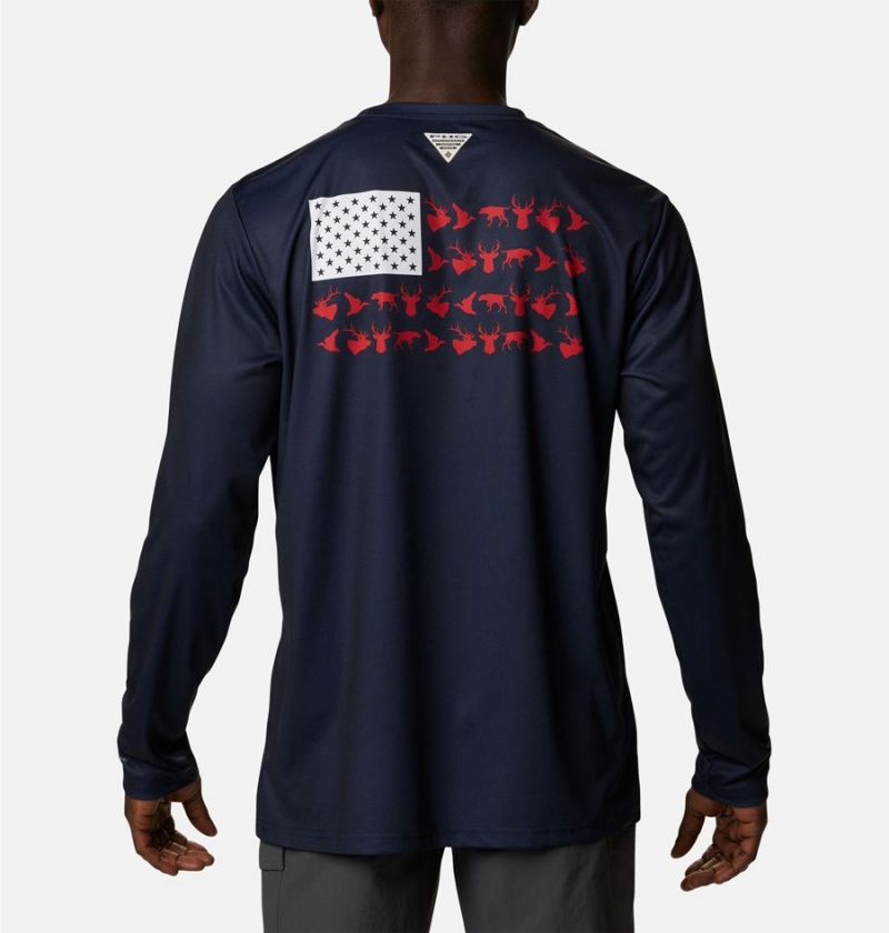 Columbia PHG Terminal Shot Game Flag Long Sleeve Men\'s T-Shirt Navy | TJFAYO-438