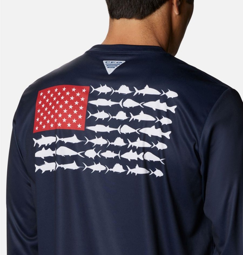 Columbia Terminal Tackle PFG Fish Flag Long Sleeve Men's T-Shirt Navy | STKPQD-952