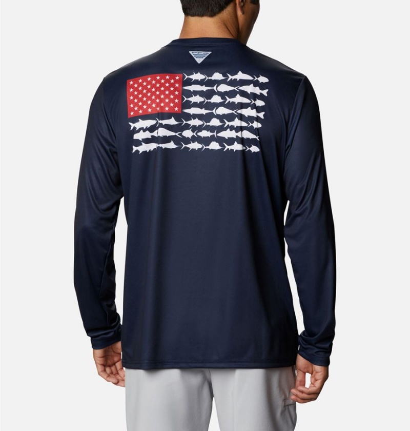 Columbia Terminal Tackle PFG Fish Flag Long Sleeve Men\'s T-Shirt Navy | STKPQD-952