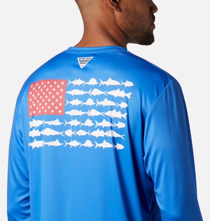 Columbia Terminal Tackle PFG Fish Flag Long Sleeve Men's T-Shirt Blue | SXUMFJ-914