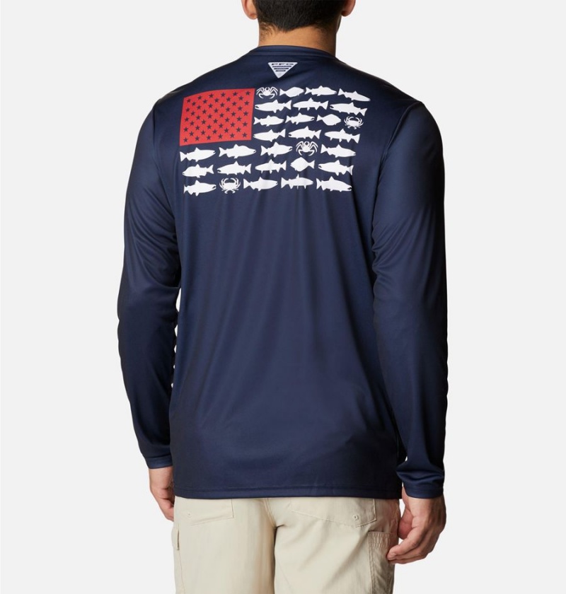 Columbia Terminal Tackle PFG Fish Flag Long Sleeve Men's T-Shirt Navy | XPIQRG-648
