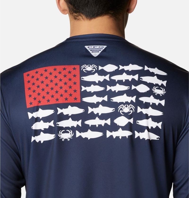 Columbia Terminal Tackle PFG Fish Flag Long Sleeve Men's T-Shirt Navy | XPIQRG-648