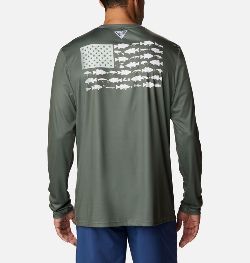 Columbia Terminal Tackle PFG Fish Flag Long Sleeve Men's T-Shirt Green | RNZLWI-598
