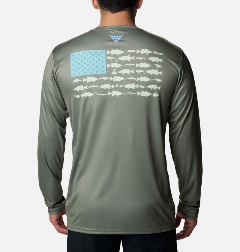Columbia Terminal Tackle PFG Fish Flag Long Sleeve Men's T-Shirt Green | FQRANO-720
