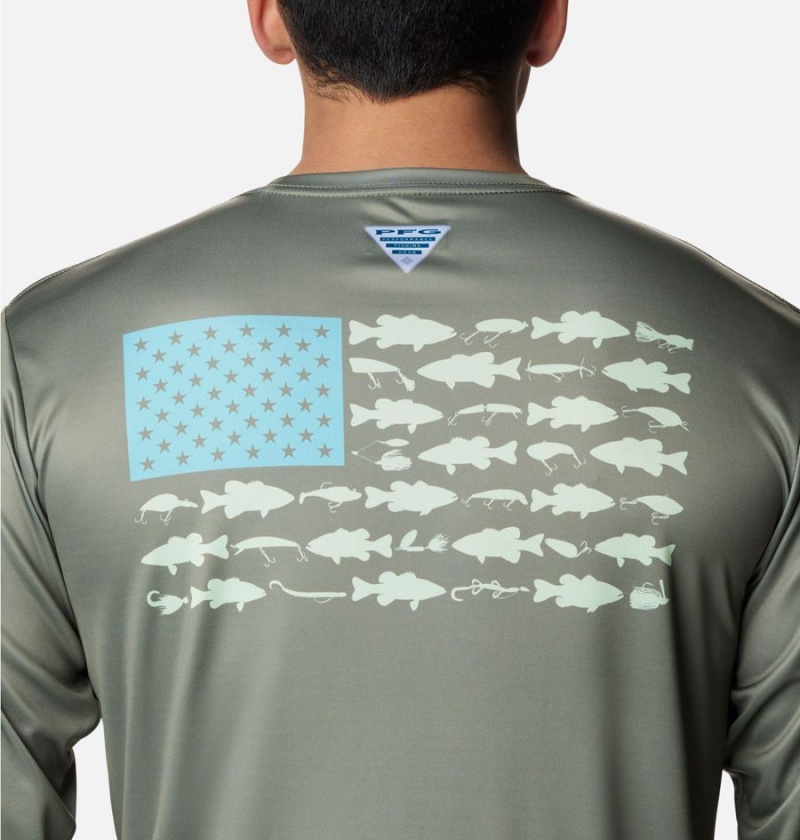Columbia Terminal Tackle PFG Fish Flag Long Sleeve Men's T-Shirt Green | FQRANO-720