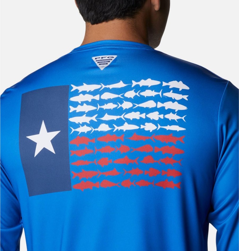 Columbia Terminal Tackle PFG Fish Flag Long Sleeve Men's T-Shirt Blue | RBMKNU-867