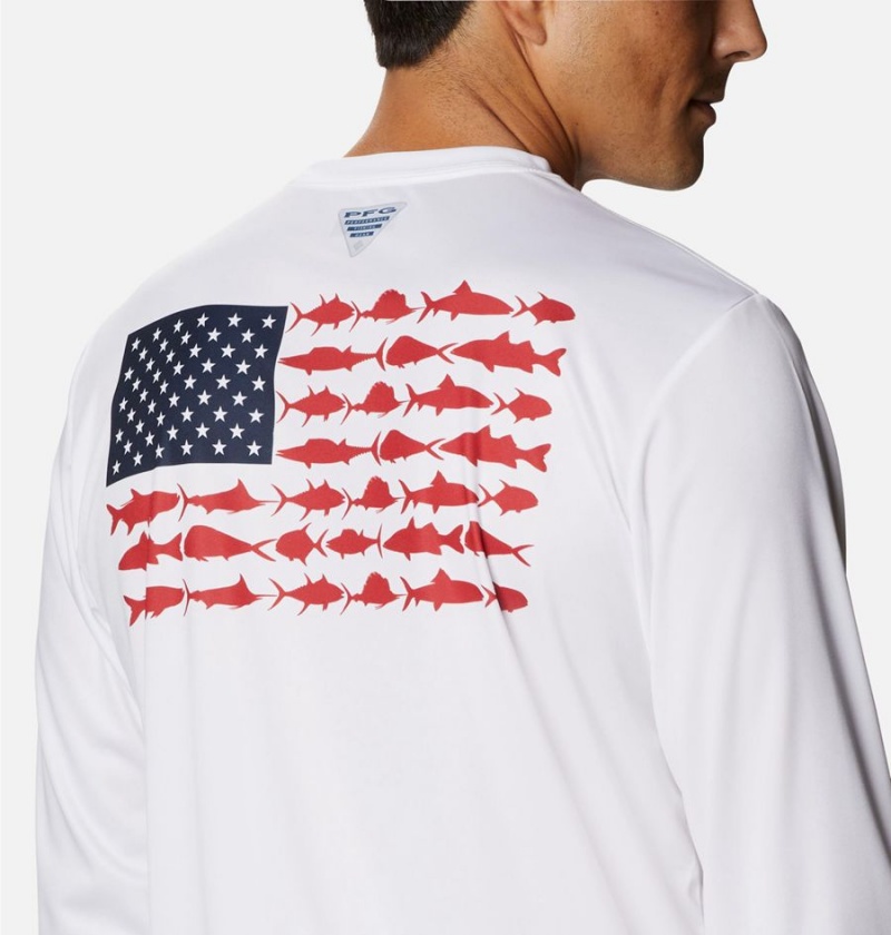 Columbia Terminal Tackle PFG Fish Flag Long Sleeve Men's T-Shirt White | QITSLJ-936