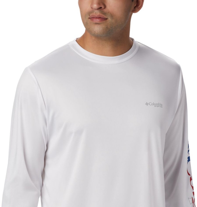 Columbia Terminal Tackle PFG Logo Print Long Sleeve Men's T-Shirt White | RBUWOM-723