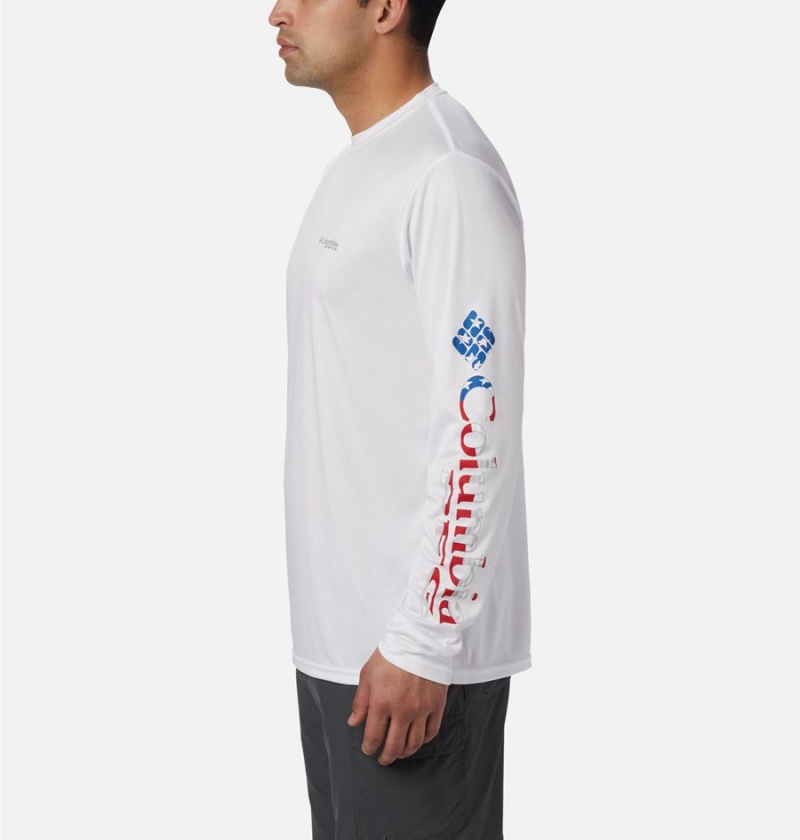 Columbia Terminal Tackle PFG Logo Print Long Sleeve Men's T-Shirt White | RBUWOM-723