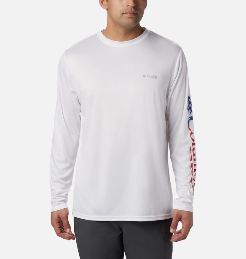 Columbia Terminal Tackle PFG Logo Print Long Sleeve Men\'s T-Shirt White | RBUWOM-723