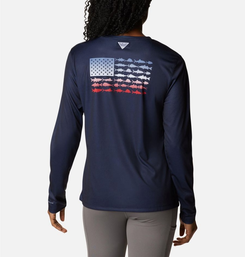 Columbia Tidal PFG Fish Flag Long Sleeve Women's T-Shirt Navy | PGYKSF-213