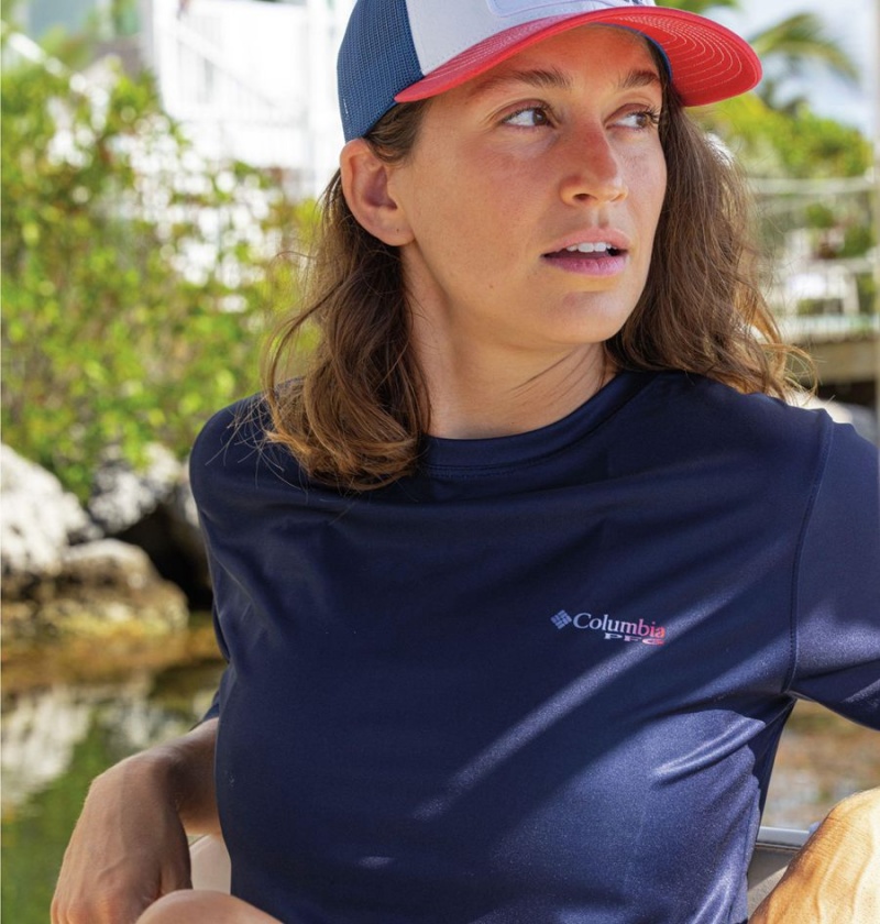 Columbia Tidal PFG Fish Flag Long Sleeve Women's T-Shirt Navy | PGYKSF-213