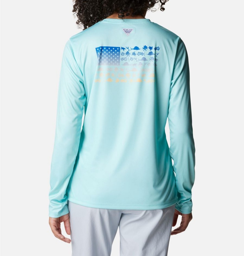Columbia Tidal PFG Fish Flag Long Sleeve Women\'s T-Shirt Blue | WFTPRY-685