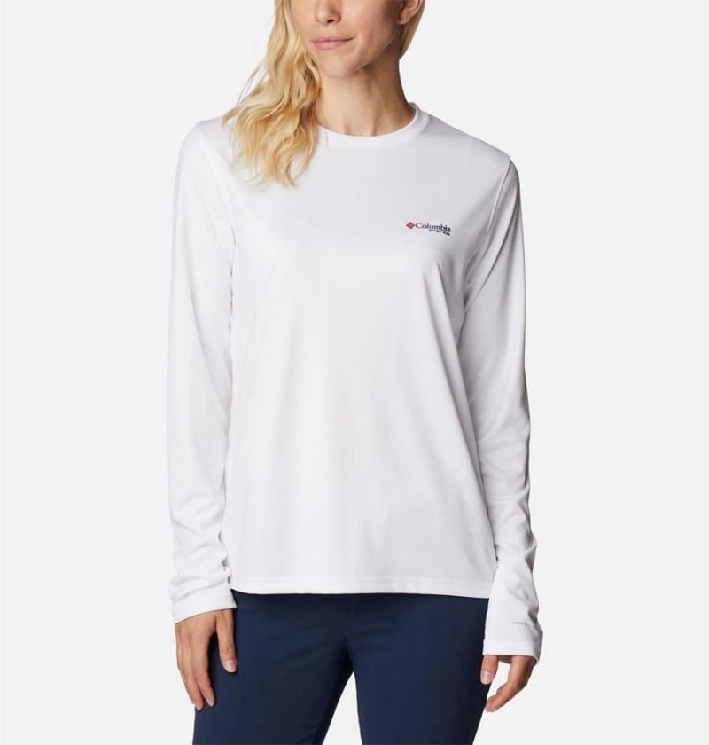 Columbia Tidal PFG Fish Flag Long Sleeve Women's T-Shirt White | MFXTVB-217
