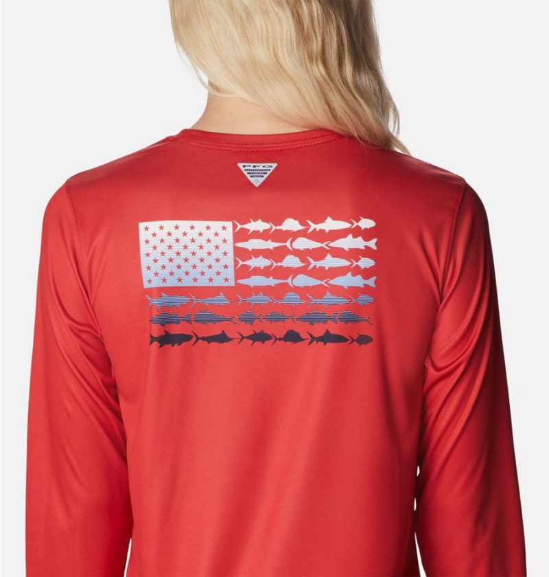 Columbia Tidal PFG Fish Flag Long Sleeve Women's T-Shirt Red | ZTVASM-947